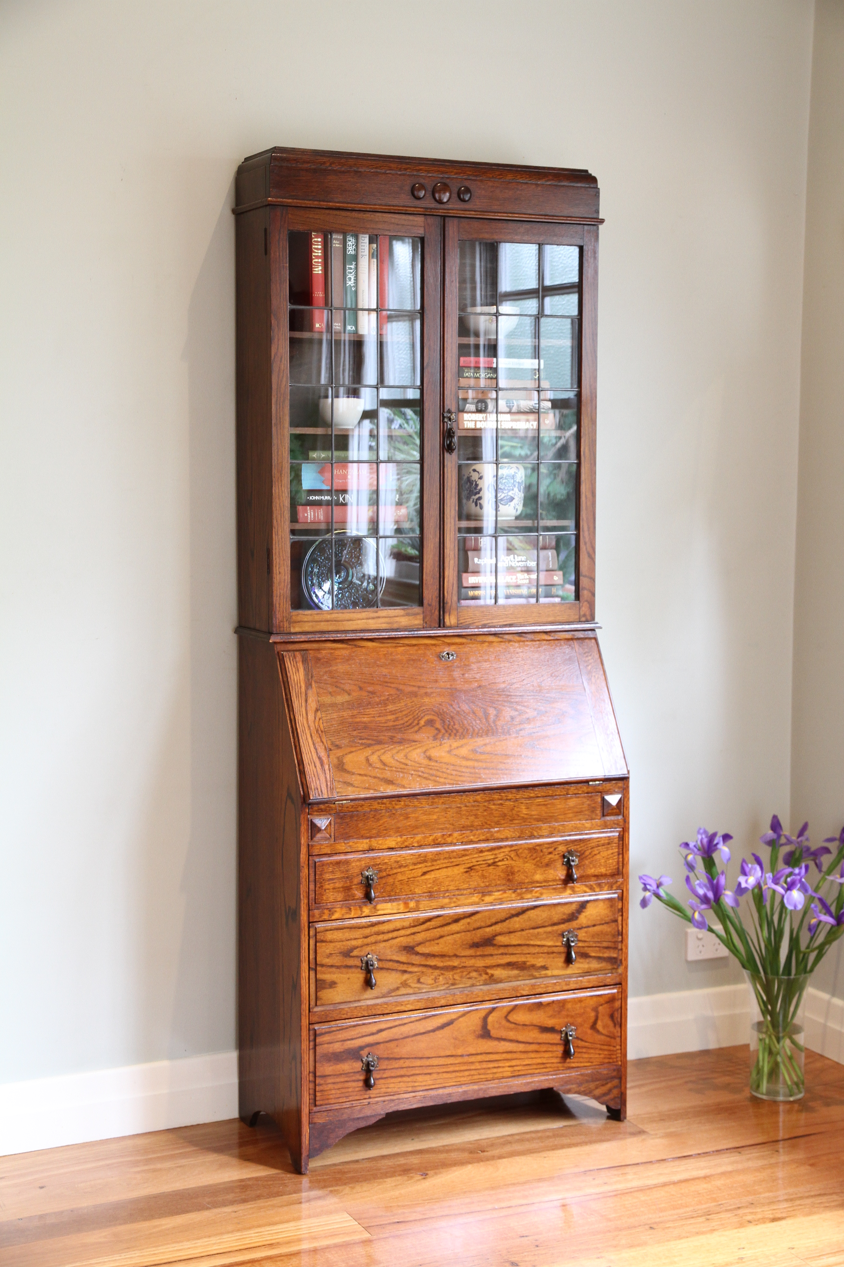 Vintage Library Bureau Bookcase Leadlight Doors Slope Drop